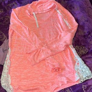 Pink with white lace u neck hoodie
